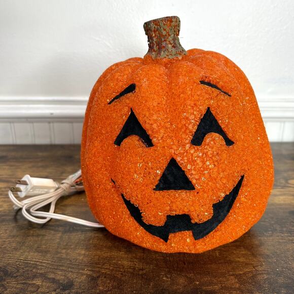 Jack O Lantern Pumpkin Melted Plastic Popcorn Light Up Vintage Halloween 8.5" - Picture 1 of 15